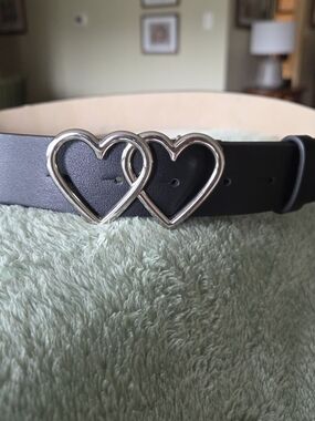 Black Leather Belt with Double Heart Silver Buckle